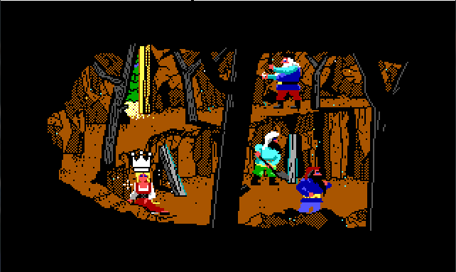 A cramped mine where colorfully dressed dwarfs are working. Rosella sits under a ledge looking dazed. The crown-shaped mouse cursor is on top of her head.