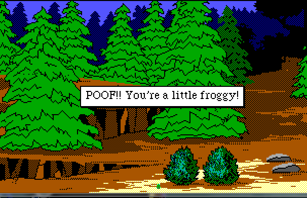 A forest scene. Rosella is barely visible as a tiny green frog sitting next to a bush. Text reads: "POOF!! You're a little froggy!"