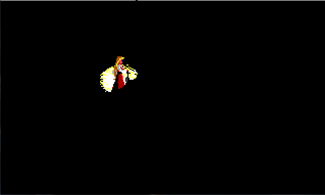 An almost all-black screen. Rosella is the only visible object, lit by a lantern she is holding.