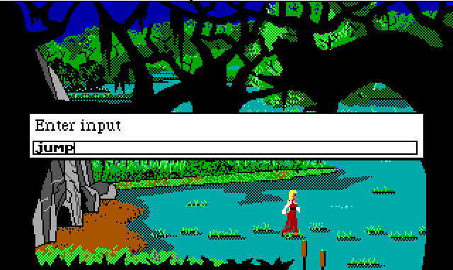 Rosella stands on a tuft of grass in the middle of a swamp. There is a line of such tufts leading across the screen. Input reads: "jump"