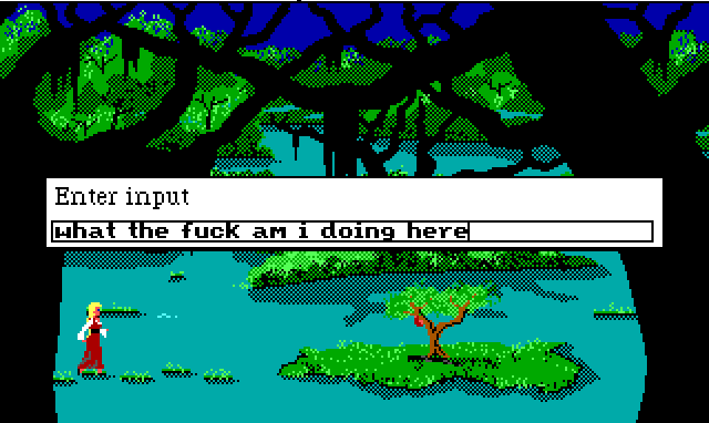 A different screen in the same swamp. There is a small island with a tree bearing a single fruit on it. Input reads: "what the fuck am I doing here"