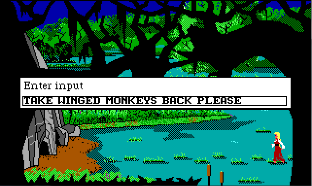 Back in the first swamp screen. Rosella faces seven more grass tufts to jump across to get back to where she started. Input reads: "TAKE WINGED MONKEYS BACK PLEASE"
