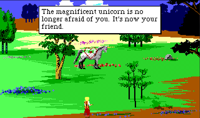 Same scene. Rosella has just fired a bow, and the unicorn has a big pink heart over it. Game text reads: "The magnificent unicorn is no longer afraid of you. It's now your friend."