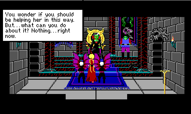 Back at Lolotte's throne room. Game text reads: "You wonder if you should be helping her in this way. But... what can you do about it? Nothing... right now."