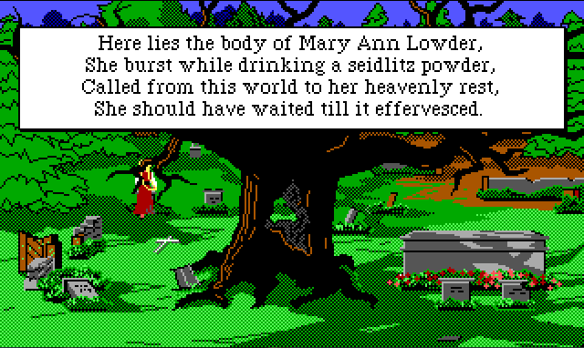 A spooky graveyard scene. There's a large dead tree with a hole through the trunk, surrounded by graves of various styles. Rosella stands in front of one of them. Game text reads: "Here lies the body of Mary Ann Lowder / She burst while drinking a seidlitz powder / Called from this world to her heavenly rest / She should have waited till it effervesced"