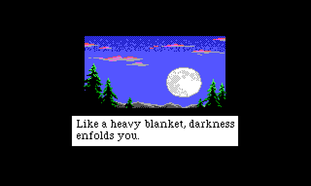 A title card showing a pretty night landscape with a looming moon. Caption reads: "Like a heavy blanket, darkness enfolds you."