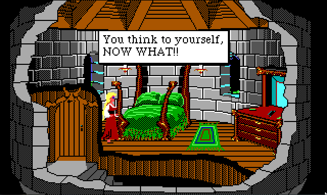 Rosella stands in a fancy tower bedroom. A closed door leads from the room to a spiral stone staircase. Game text reads: "You think to yourself, NOW WHAT!!"