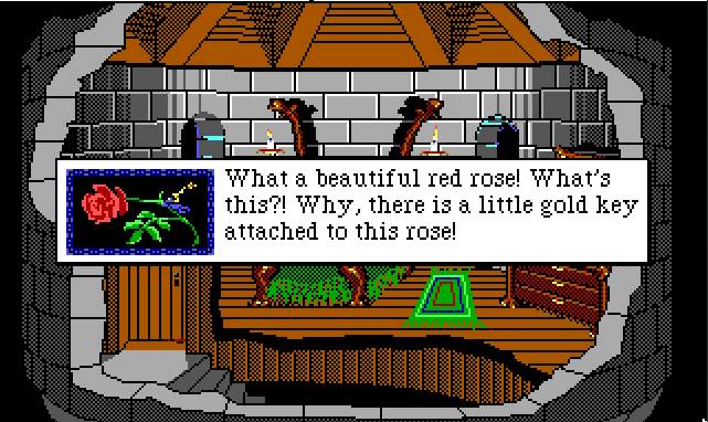 Same scene. An inset image shows a rose in closeup. Game text reads: "What a beautiful red rose! What's this?! Why, there is a little gold key attached to this rose!"