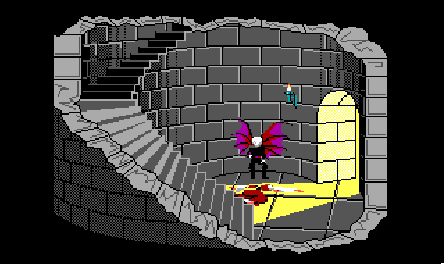 The bottom of the tower. A spiral staircase winds around the walls. Rosella lies dead in a pretty flat heap at the bottom, in a splash of light from the door. A winged guard is sleeping right next to her.