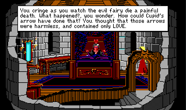 A different tower bedroom. Lolotte sits up in a fancy four-poster bed. Her green skin has turned red, and a heart floats over her head. Rosella stands nearby. Game text reads: "You cringe as you watch the evil fairy die a painful death. What happened?, you wonder. How could Cupid's arrow have done that? You thought that those arrows were harmless, and contained only LOVE."