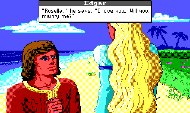 A closer view of Rosella's back, with Edgar kneeling in front of her. He is now a standard white guy with shoulder-length brown hair. His hands are folded . Edgar's dialogue reads: "'Rosella,' he says, 'I love you. Will you marry me?'"