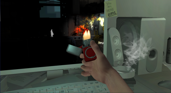 Atum screenshot. A first-person view of a computer on a desktop. The computer screen shows a platformer game. The player character is holding up a lighter to the screen, which has set some barrels on fire in the game-within-the-game.