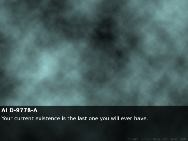 Important Game You Should Play screenshot. A cloudy green and black background. Text at the bottom reads: "AI D-977Beta-A. Your current existence is the last one you will ever have."