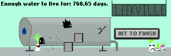 Memory Leek screenshot. MS Paint-like art shows a large tank with holes in it and a blobby white character with spikey green hair in front of it. Nearby are three more blobs with green hair and big frowny faces. Game text at the top reads: "Enough water to live for: 768.65 days."