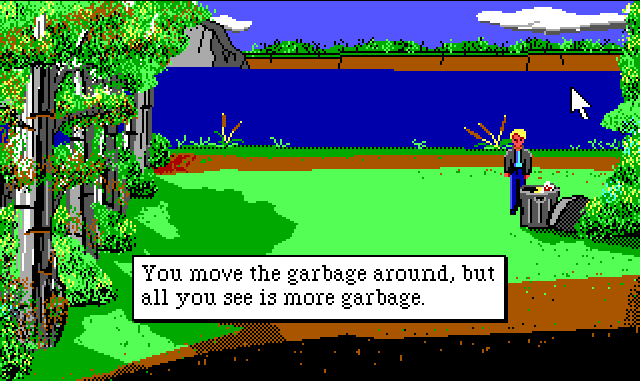 Sonny stands by a trash can near the river. Game text reads: "You move the garbage around, but all you see is more garbage." There is a pool of blood by the river in the background.
