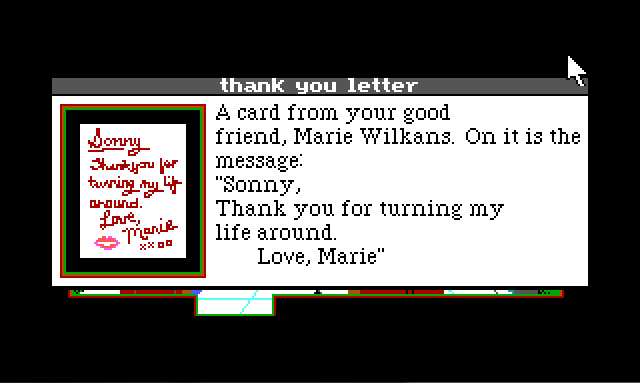 Inset panel titled "thank you letter." On the left is a picture of a note with red handwriting scrawled on it. On the right is description text reading: "A card from your good friend, Marie Wilkans. On it is the message: "Sonny, Thank you for turning my life around. Love, Marie."