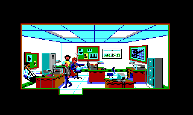 View of the narcotics office at the police station. Sonny, a blonde white man in a black jacket, stands in front of Captain Hall's desk. Captain Hall is a black man with a mustache. There are desks scattered around, a bulletin board on the back wall, and a map on the right-hand wall. In the background is Keith, a brown-haired white man with a mustache. Keith has his feet on his desk and is smoking a cigarette.