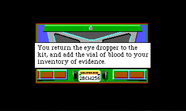 Close up view of the back of a green car with the trunk open. Game text reads: "You return the eye dropper to the kit, and add the vial of blood to your inventory of evidence."