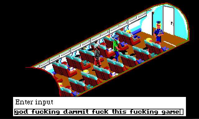 Interior of a small airplane. A flight attendant with blonde hair and a blue uniform stands at the front of the plane, by the door to the cockpit. Sonny and Keith are sitting in the front row. Two men in turbans are walking up the aisle towards the front. Input text reads: "god fucking dammit fuck this fucking game".