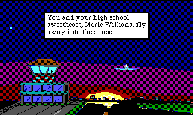 Long view of airport runway with the sun setting in the background. A plane flies away into the distance. Game text reads: "You and your high school sweetheart, Marie Wilkans, fly away into the sunset..."