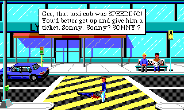 The front of a large, glass-walled building. There is a road running in front of it with a large yellow-striped pedestrian crossing in the middle. Keith stands in the middle of the road next to Sonny's mangled corpse. Game text reads: "Gee, that taxi cab was SPEEDING! You'd better get up and give him a ticket, Sonny! Sonny? SONNY!?"