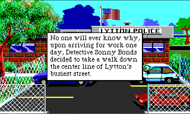 The front of the police station. It is a brick building with a US flag waving over it and a sign that reads "LYTTON POLICE". In front of the station is a small parking lot with several parked cars. Game text reads: "No one will every know why, upon arriving for work one day, Detective Sonny Bonds decided to take a walk down the center line of Lytton's busiest street."