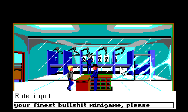 Sonny stands by a counter in front of a shooting range behind a large glass wall. There are five booths visible in the shooting range, one of which has a cop standing at it. There is a man in uniform behind the counter. Input text reads: "your finest bullshit minigame, please".