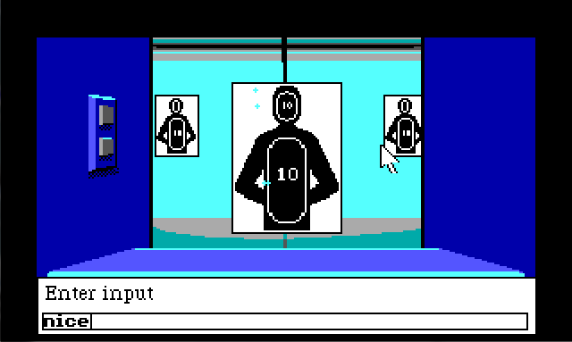 A view from the booth of a shooting range, facing down the range. There are two buttons on the booth wall to the left. The target, depicting a human silhouette, hangs in front of the booth. There are three bullet holes in it, one grazing the silhouette's side and the other two some distance from its head. Input text reads: "nice"