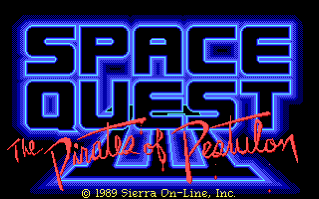 Title screen that reads "Space Quest III" in a blocky, glowing blue font with "The Pirates of Pestulon" seemingly scrawled across the bottom in dripping pink paint. Fine print below reads "1989 Sierra On-Line, Inc."