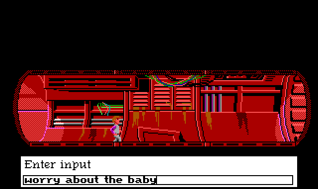 Roger walks through a narrow cylindrical corridor with red walls. Wires dangle from missing panels on the walls. Input text reads: "worry about the baby".