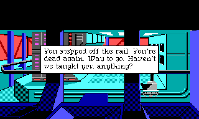 A platform filled with machinery. A narrow gray rail enters from the right and curves around the platform in a C-shape. A gray device with a chair hangs from the rail in the foreground. Game text reads: "You stepped off the rail! You're dead again. Way to go. Haven't we taught you anything?"