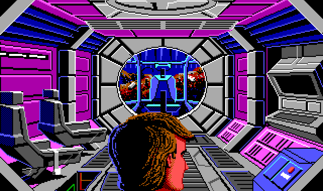 Close shot from behind Roger's head of a small spaceship interior. At the far end is a windowed cockpit with a single chair, facing a wall of garbage outside. The walls are pink and blue and lined with chunky gray bulkheads. Two passenger sits are lined up against the left wall, and a large computer is against the right wall.