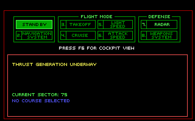 The flight computer from Roger's spaceship. It has a black background and two rows of green-outlined buttons at the top. At the bottom is a red-outlined information panel that reads: "THRUST GENERATION UNDERWAY. CURRENT SECTOR: 75. NO COURSE SELECTED." The buttons are labelled as follows: "STAND BY." "NAVIGATION SYSTEM." "TAKEOFF." "CRUISE." "LIGHT SPEED." "ATTACK SPEED." "RADAR." "WEAPONS SYSTEM."