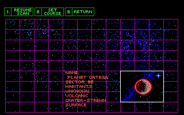 A different view of the flight computer. This has three green buttons on the top labeled "RESUME SCAN," "SET COURSE," and "RETURN." Below is a purple grid overlaying a star map. In the lower right corner is an enlarged grid cell with a red and black planet in the center. Next to it is informational text reading: "Name: Planet Ortega. Sector: 82. Habitants: Unknown. Volcanic crater-strewn surface."