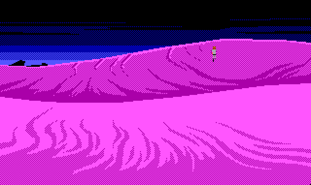 An alien planet. Smooth purple dunes rise and fall against a sky that fades from black to blue at the horizon. Roger is seen walking away in the distance, much smaller than his usual size.