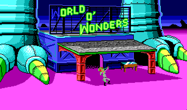 The front of a boxy blue store with a wide awning out in front of it. Two huge teal dinosaur feet with green talons rise on either side of it. A green neon sign over the store reads "World O' Wonders," and the light on the first "W" is out. Roger is in front of the store, apparently struggling with a stringy green creature that is wrapped around his face and arms.