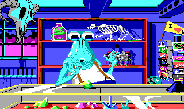 The shop interior. The blue walls are a little worn-looking and crowded with odd objects on shelves. In front is an alien merchant with huge eyes, teal skin, five o clock shadow, and suspenders, sitting behind a large glass counter with some scattered gemstones of different colors in it. A large green gem is on the counter, and the merchant stares at it in astonishment with his mouth in an O shape. Items around the shop include: a rotating display of colorful postcards, a large cow-like skull with curved horns, a cat skeleton, a green creature in a jar, and a row of gray and purple robot toys.