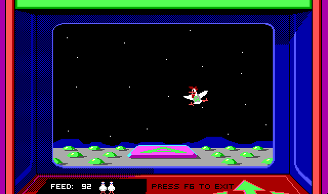 A closeup of a a classic arcade cabinet screen with blue walls. The screen shows a gray planet surface with green lumps on it. In the center of the surface is a purple rectangle with an A on it. A small white chicken wearing a vest hangs in the air with wings outstretched and beak hanging open. Below the screen is a red panel that reads "Feed: 92" with two chicken-shaped "lives" next to it.
