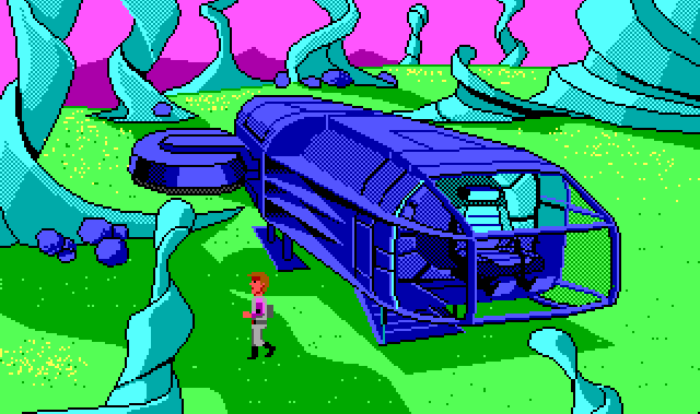 Roger stands next to his spaceship on another planet. This one has a purple sky and green surface dotted with yellow grass or moss. Large teal spirals rise out of the ground, like strange trees or giant fungi. Rogers ship looks deep blue instead of its normal teal.