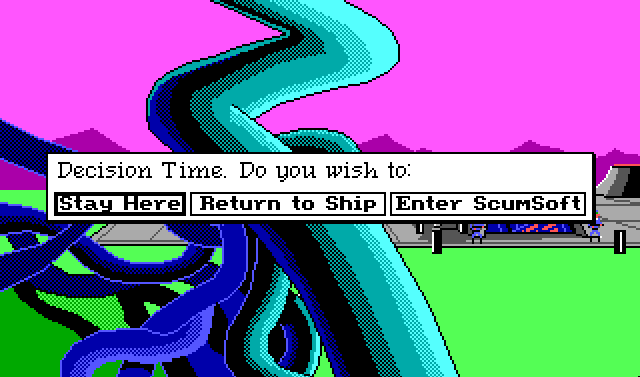 A close-up of a smaller spiral tree, which seems composed of a bunch of tangled branches. In the background is some kind of gray building, mostly obscured by a dialog box. The box reads: "Decision Time. Do you wish to:" with three buttons reading "Stay Here," "Return to Ship," and "Enter Scumsoft."