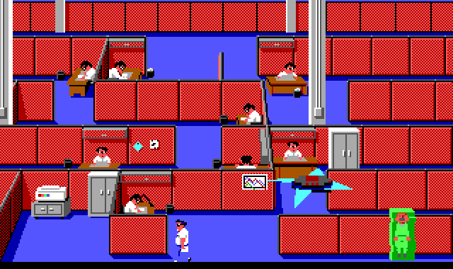 A long view of a maze made out of red cubical walls. Scattered around the maze are desks with identical dark-haired white guys with glasses working at them. Next to each desk is a small black wastebasket. Roger is in the lower right corner, encased in a block of green jello. A spiky disc-shaped drone hovers above him. 