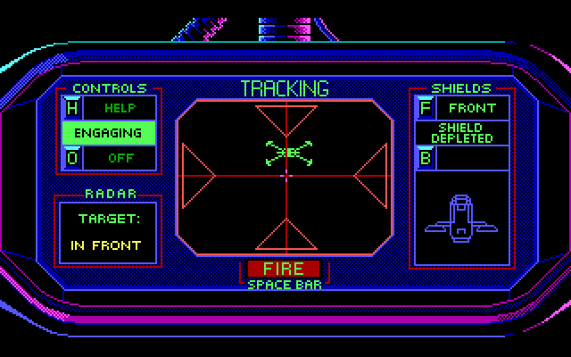 A close-up of a computer panel from Rogers ship. It is clearly combat-focused. On the left are two buttons reading "HELP" and "OFF," and a panel labeled "RADAR" that reads "Target: In Front." In the middle is a panel labeled "TRACKING" that contains a targeting reticule and a view of a a green x-shaped spaceship. Below the panel is a button that reads "FIRE. Space Bar." On the left is a panel labeled "SHIELDS," with two buttons reading "F" and "B" for "Front" and "Back." Below is a schematic outline of Rogers ship.