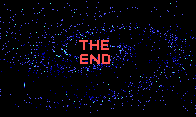 A pink title reading "THE END" over a sparkly spiral galaxy.