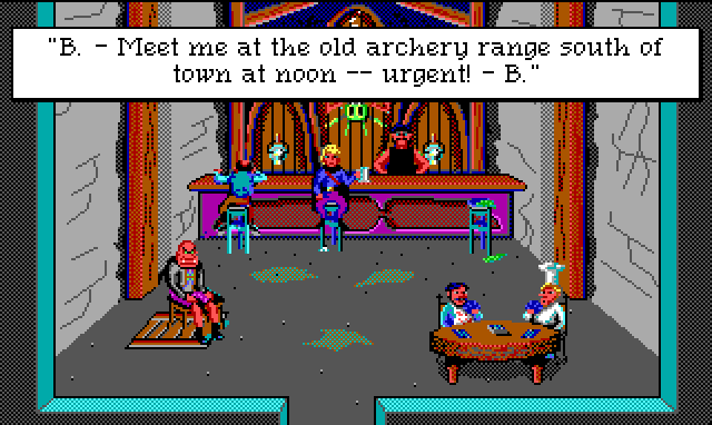 Hamburger Tree sits at a gross-looking bar, holding a beer stein. Two men play cards at a table, and a scowling bald man sits on a chair over an obvious trapdoor. Game text: "B. - Meet me at the old archery range south of town at noon -- urgent! - B."