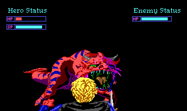 Battle screen. Hamburger Tree is seen from behind, holding a dagger. A dinosaur-creature faces us, snapping at him. Health and stamina bars reading "Hero Status" and "Enemy Status" are at the top. Hamburger Tree's health bar is very low.