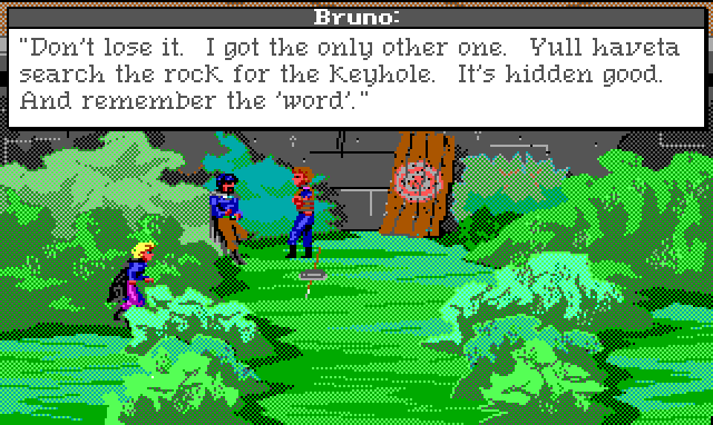 Two men talk at the archery range, which is a board with a target leaning up against a wall. Bushes line it on either side, and Hamburger Tree crouches behind some of them. Game text: "Bruno: 'Don't lose it. I got the only other one. You'll have to search the rock for the keyhole. It's hidden good. And remember the word.'"