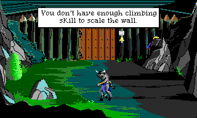 Game text: "You don't have enough climbing skill to scale the wall." An imposing gated wall at nighttime, guarded by a minotaur. Hamburger Tree is crouched on one side of the wall. 