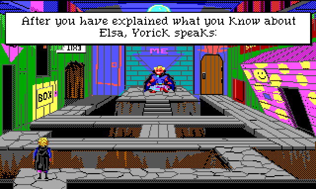 Hamburger Tree stands in a colorful funhouse-style room. Maze-like platforms run around it, and the walls are lined with strange-looking doors and confusing signs. A wizard in a big cloak sits crosslegged in the middle platform. Game text: "After you have explained what you know about Elsa, Yorick speaks:"