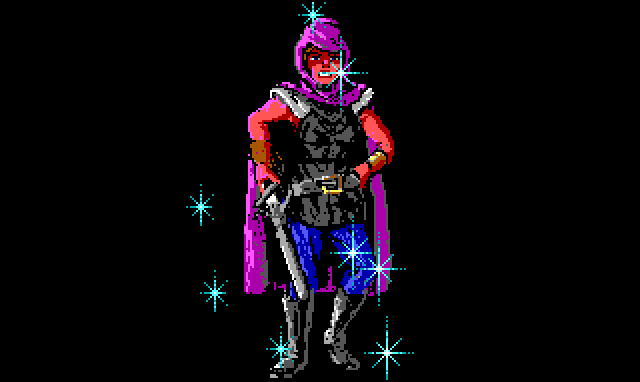 A close-up of Elsa, the bandit queen, wearing leather armor, a purple cloak, and a sword at her hip. She is covered in the same blue sparkles as the bear from earlier.