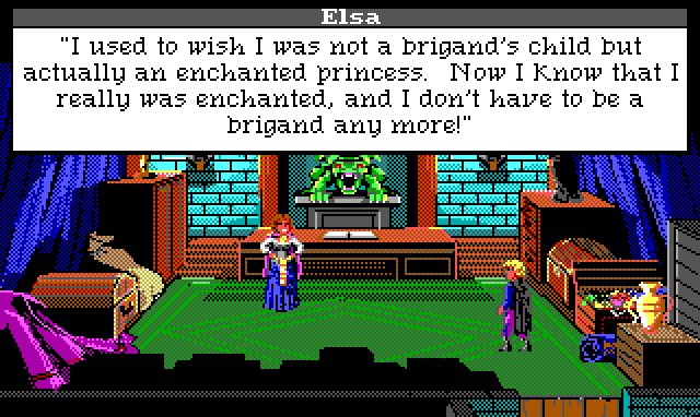 A fancy office. Chests and treasures are piled against the wall, and a roaring green dragon statue stands behind an imposing desk. Elsa is now in princess clothes, talking to Hamburger Tree. Game text: "Elsa: 'I used to wish I was not a brigand's child but actually an enchanted princess. Now I know that I really was enchanted, and I don't have to be a brigand any more!'"